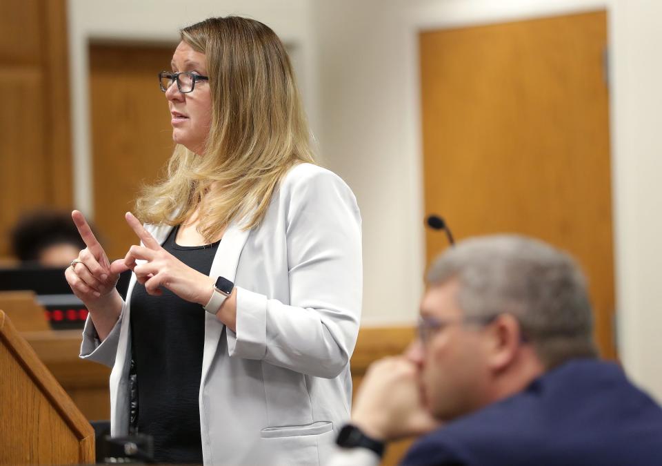 Outagamie County District Attorney Melinda Tempelis delivers an opening statement during the trial of Gene Meyer, 68, who is charged with first-degree murder and first-degree sexual assault with use of a dangerous weapon in the 1988 death of 60-year-old Betty Rolf.