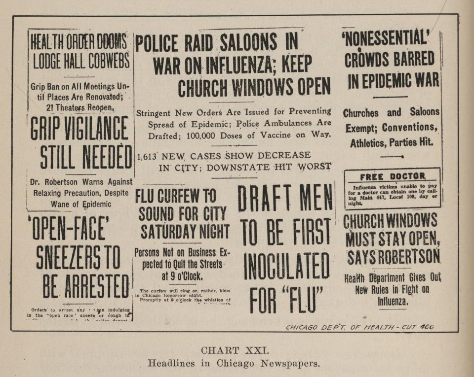 <span class="caption">Collage of newspaper headlines related to the previous year’s influenza pandemic, Chicago, Illinois, 1919. Headlines include ‘Police Raid Saloons in War on Influenza,’ ‘Flu Curfew to Sound for City Saturday Night’ and ‘Open-Face Sneezers to Be Arrested.’</span> <span class="attribution"><a class="link " href="https://www.gettyimages.com/detail/news-photo/collage-of-various-newspaper-headlines-related-to-the-news-photo/1219167361" rel="nofollow noopener" target="_blank" data-ylk="slk:Chicago History Museum/Getty Images;elm:context_link;itc:0;sec:content-canvas">Chicago History Museum/Getty Images</a></span>