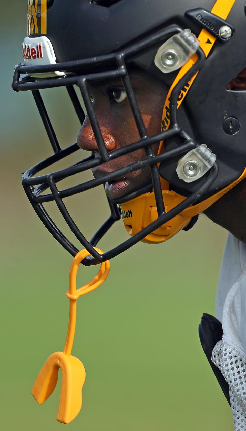 North cornerback/wide receiver Marvin Causey eyes down his man during practice at North High School, Thursday, Aug. 3, 2023, in Akron, Ohio.