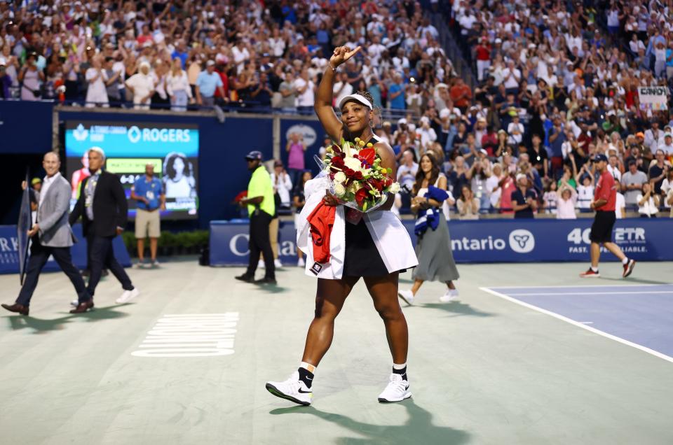 Serena Williams waves goodbye to the crowd at the 2022 National Bank Open in Toronto, Canada.