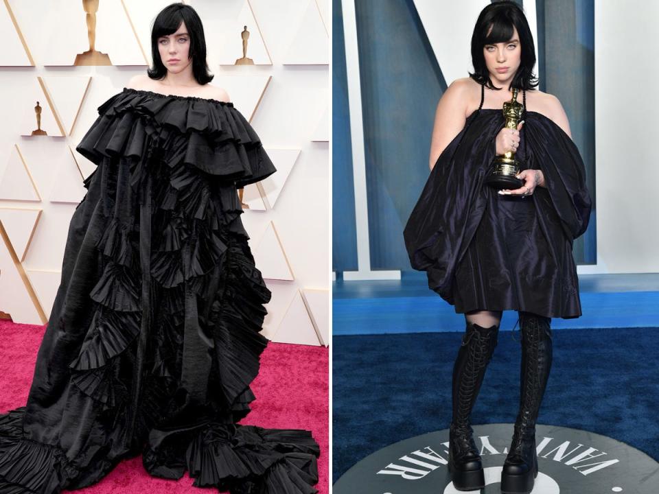 Billie Eilish at the 2022 Oscars (left), and the musician at the event's after party (right).