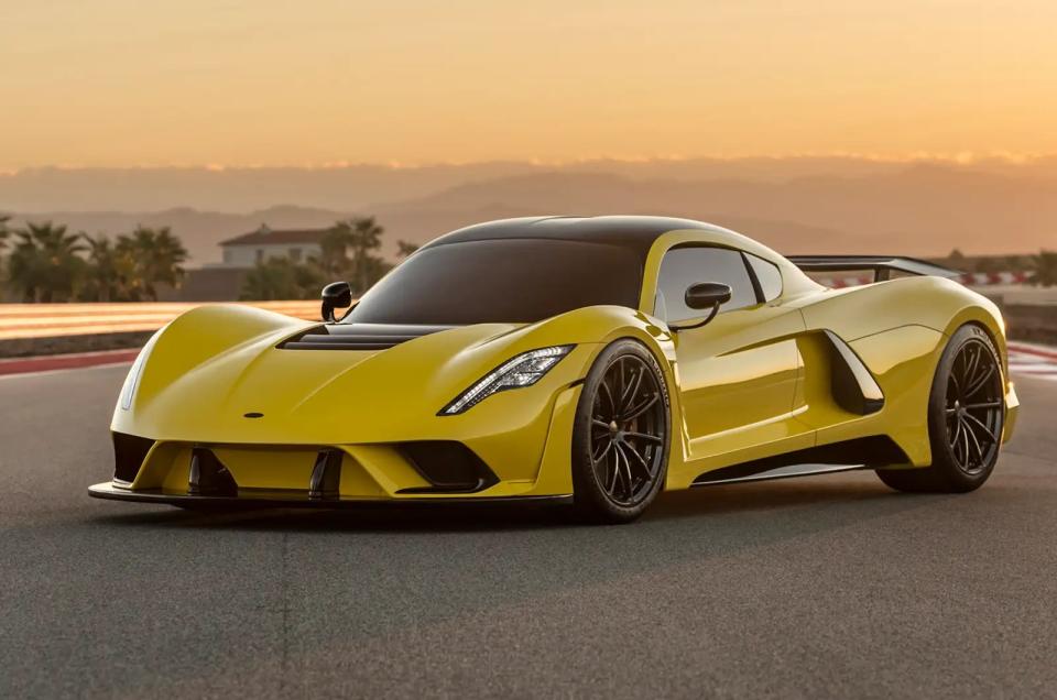 <p>The current winner of the power-to-weight game is the Venom F5 and all of its 1817bhp and 1360kg weight. Use of an 86kg carbonfibre monocoque and a rear tubular aluminium subframe, which holds the 6.6-litre V8, means 0-186mph in around 8.4sec, 0-125mph in 4.7sec and 0-62mph in 2.6sec, with a top speed of circa 300mph. While the Venom GT of old used a heavily modified Lotus chassis, the Venom F5 was built entirely in-house. 24 examples were built and boast <strong>1336bhp per tonne</strong>.</p>