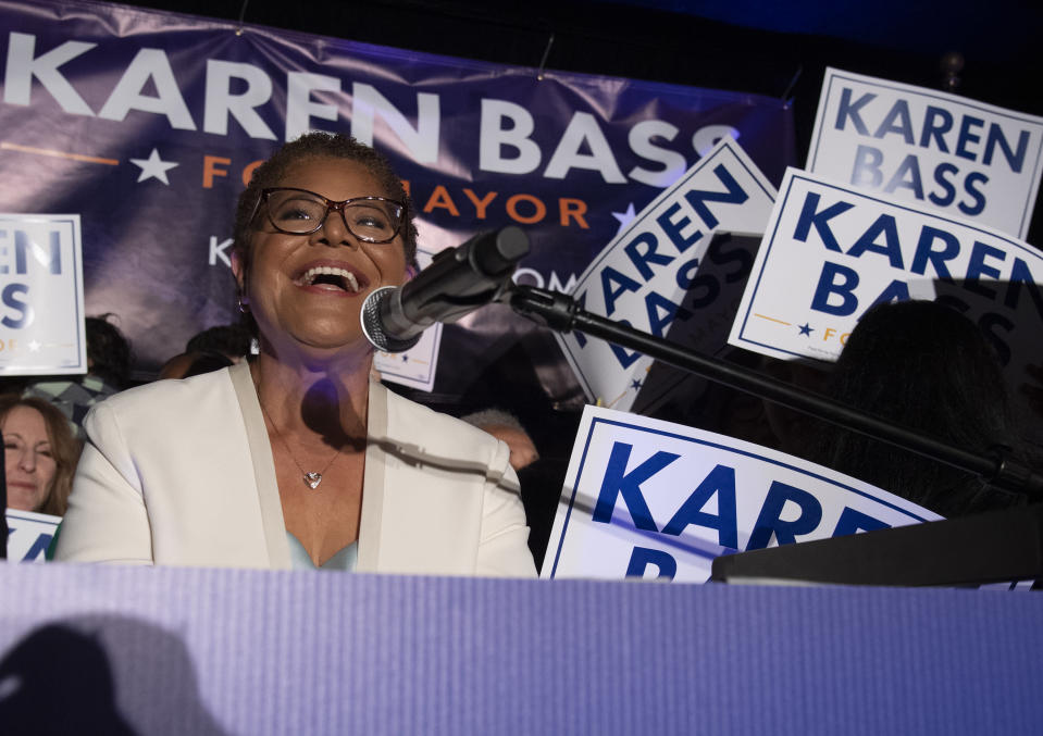 FILE - Rep. Karen Bass, D-Calif., speaks during her election night party Tuesday, June 7, 2022, in Los Angeles. In L.A., Rick Caruso positioned himself as an outsider challenging the city's progressive establishment amid an unabated homeless crisis, soaring rents and home prices and worries over crime. He was running first in preliminary returns and will face Bass, a stalwart in the party's progressive wing, in a November runoff that will bring a stark contrast to voters. (AP Photo/John McCoy, File)