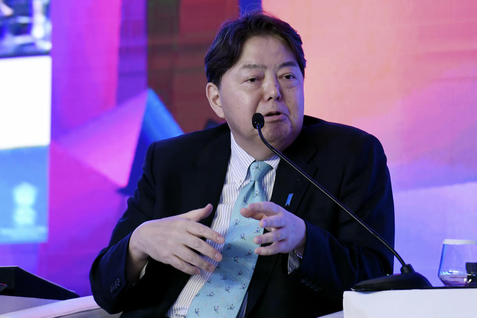 Japanese Foreign Minister Yoshimasa Hayashi speaks during a Quad ministers' panel at the Taj Palace Hotel in New Delhi Friday, March 3, 2023. (Olivier Douliery/Pool Photo via AP)