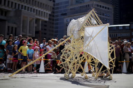 Onlookers watch a display of "Animaris Ordis," one from the series of "Strandbeests" kinetic sculptures by Dutch artist Theo Jansen, at City Hall Plaza in Boston, Massachusetts August 28, 2015. REUTERS/Brian Snyder