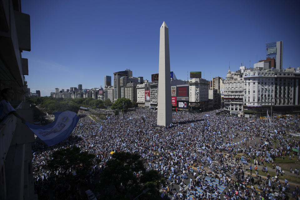 Argentine soccer fans celebrate their team's World Cup victory over France, in Buenos Aires, Argentina, Sunday, Dec. 18, 2022. (AP Photo/Matilde Campodonico)