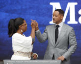 <p>Oprah Winfrey and Will Smith at the dedication ceremony for the Smithsonian Museum of African American History and Culture on the National Mall in Washington, Saturday, Sept. 24, 2016. (AP Photo/Pablo Martinez Monsivais)</p>