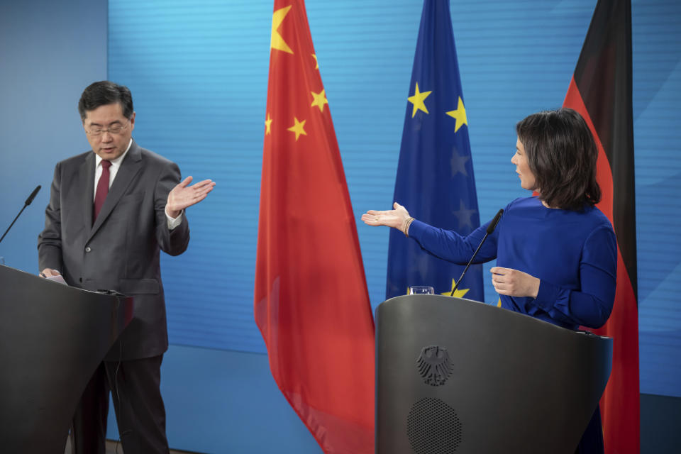 Germany's Foreign Minister, Annalena Baerbock, right, and her counterpart, Qin Gang, Foreign Minister of China, attend a press conference after bilateral talks at the Federal Foreign Office in Berlin, Tuesday, May 9, 2023. (Michael Kappeler/Pool photo via AP)