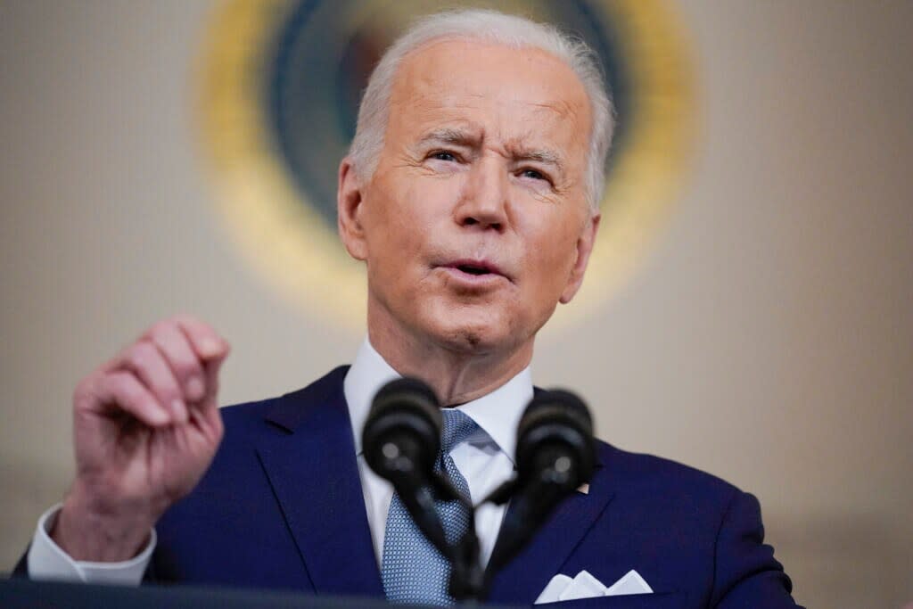 FILE – President Joe Biden speaks as he announces Judge Ketanji Brown Jackson as his nominee to the Supreme Court in the Cross Hall of the White House, Feb. 25, 2022, in Washington. Biden will deliver his State of the Union address to a joint session of Congress on Tuesday, March 1. (AP Photo/Carolyn Kaster, File)