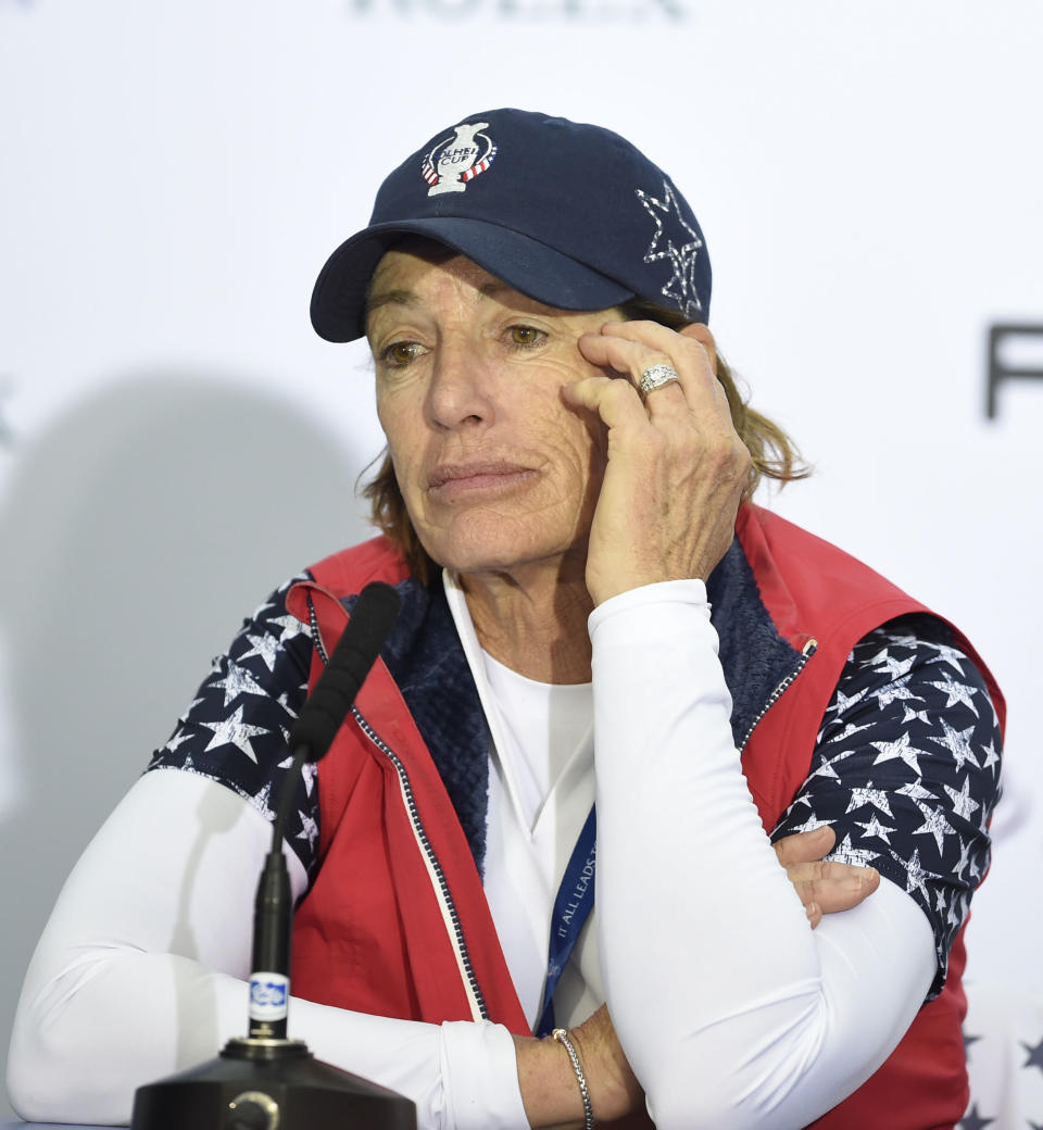Team USA captain Juli Inkster speaks during a press conference after the singles match on day three of the 2019 Solheim Cup at Gleneagles Golf Club, Auchterarder, Scotland, Sunday Sept. 15, 2019. (Ian Rutherford/PA via AP)