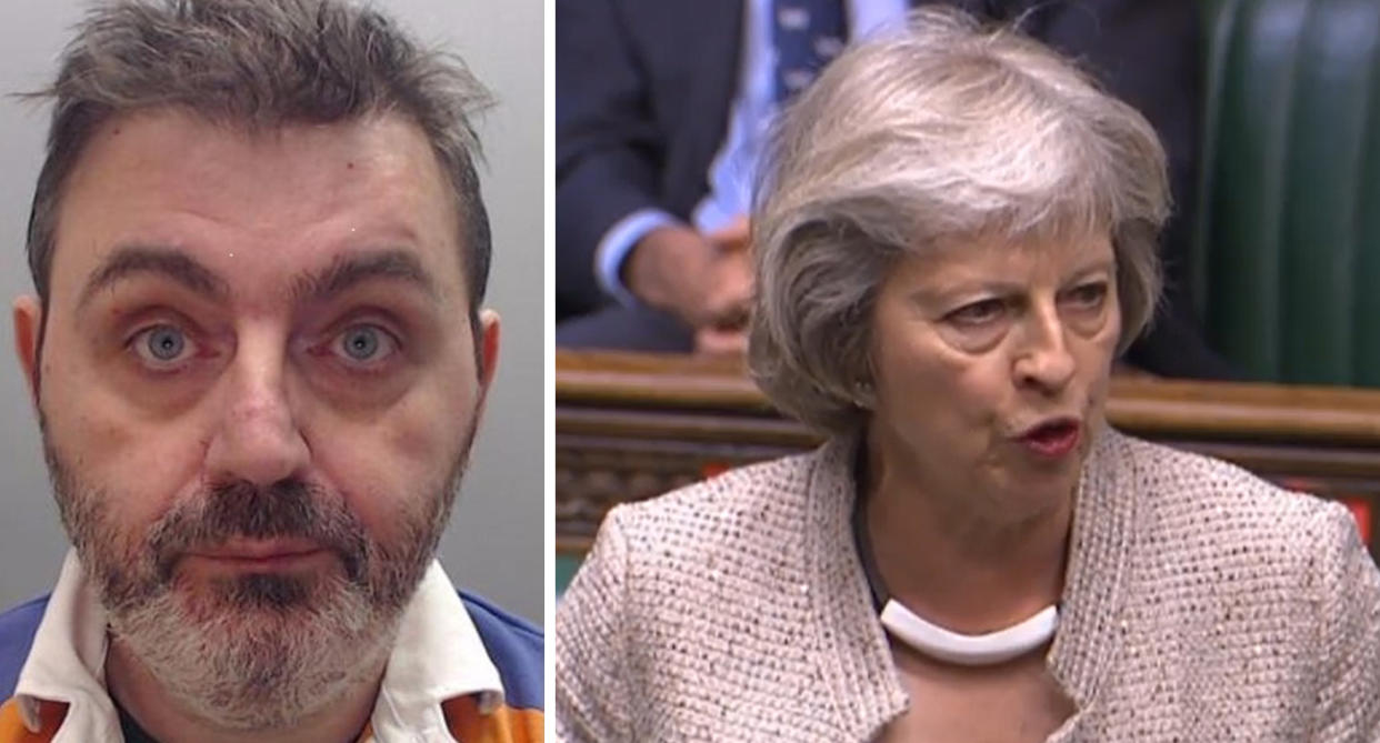 Dr Christopher Doyle, left, sparked a counter terrorism investigation when he sent Theresa May, right, a picture of her beheaded when she was Prime Minister. (Met Police/ PA)
