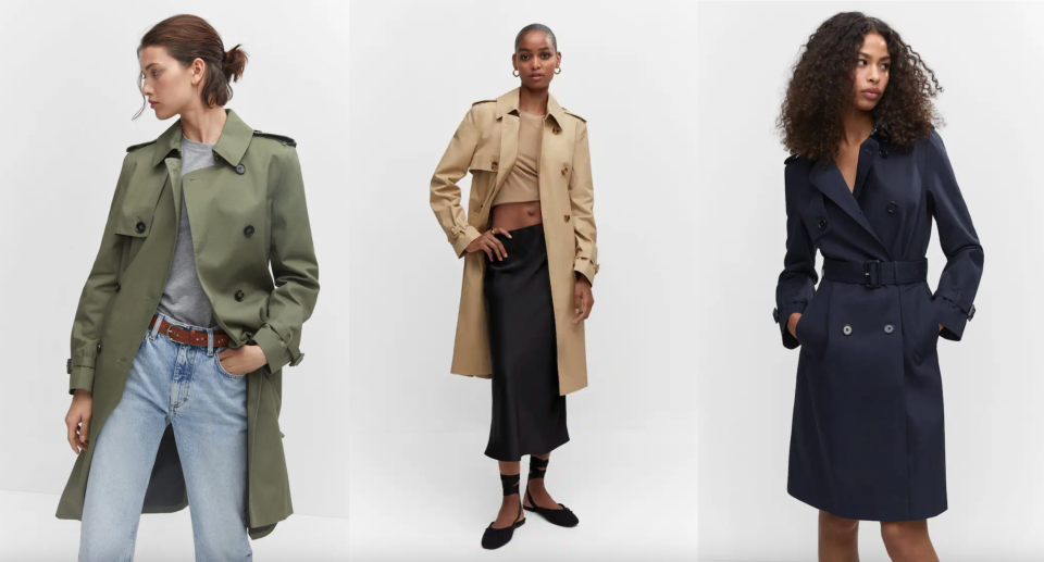 models wearing green, beige and dark navy blue Classic Trench Coat (photos via Mango)