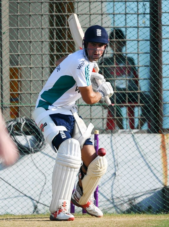 Alastair Cook bats at nets at the Zahur Ahmed Chowdhury Stadium in Chittagong on October 19, 2016