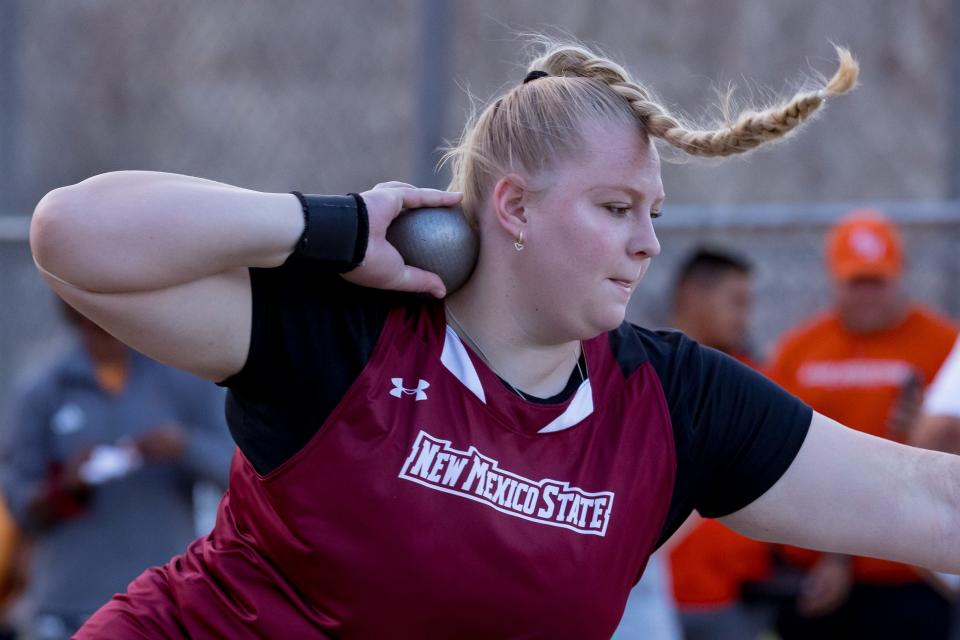 NMSU's Rebecca Green II competes in the women's shot put at the Conference USA track and field championships at the Kidd Field at UTEP on Friday, May 10, 2024.