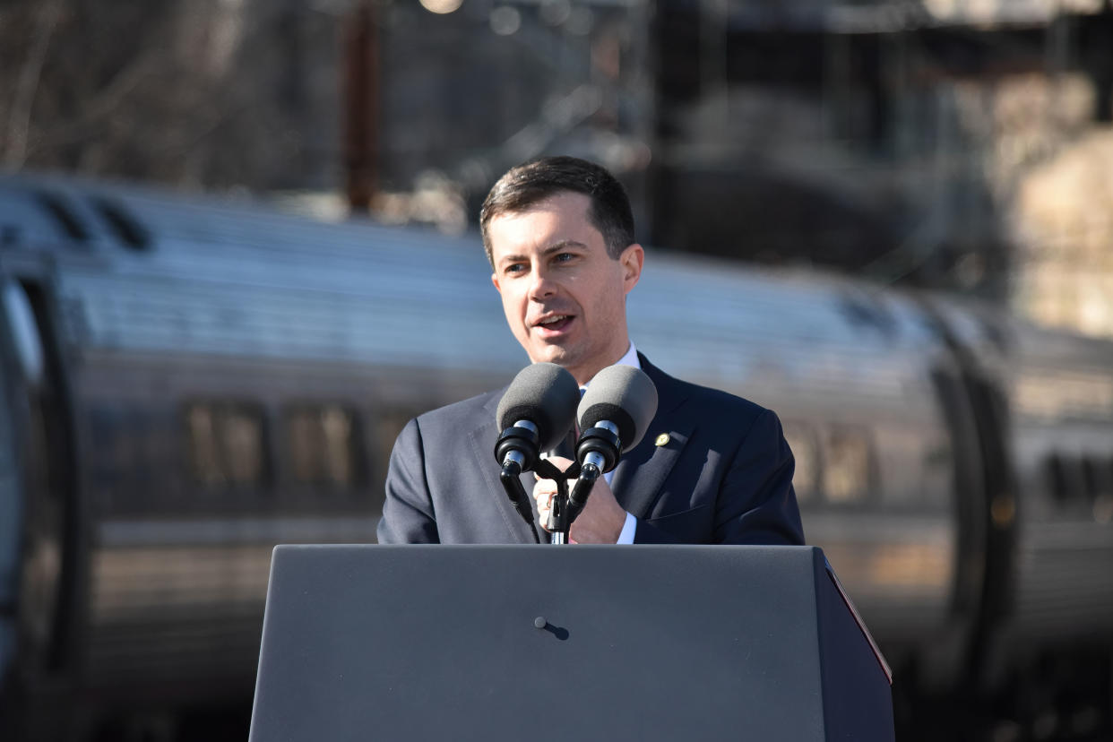 BALTIMORE, MARYLAND, UNITED STATES - 2023/01/30: Secretary of Transportation Pete Buttigieg delivers his remarks during the event. President of the United States Joe Biden discussed how Bipartisan Infrastructure Law funding will replace the 150-year old Baltimore and Potomac Tunnel to address the largest bottleneck for commuters on the Northeast Corridor between Washington, D.C. and New Jersey. (Photo by Kyle Mazza/SOPA Images/LightRocket via Getty Images)