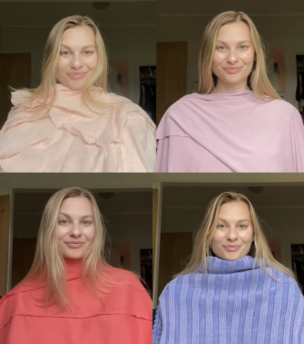 Four images of Anastasia Barnes, smiling in different cozy sweaters. Top-left: ruffled, middle-left: plain, top-right: tucked-in, bottom-right: textured