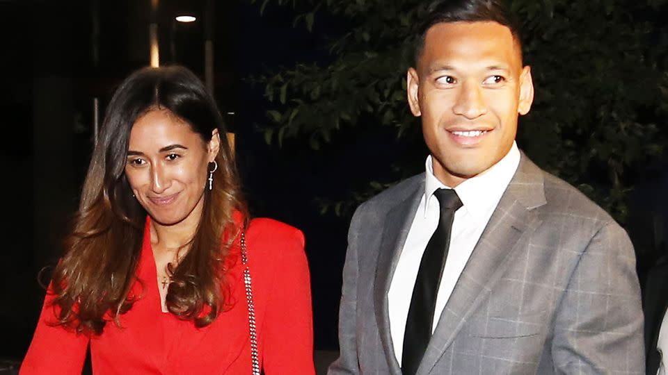 Israel Folau is seen here with wife Maria outside Federal Court in 2019.