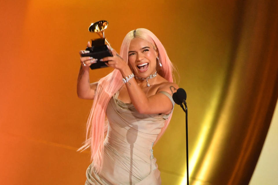 Karol G accepts the Best Musica Urbana Album award during the 66th Annual Grammy Awards<span class="copyright">Valerie Macon—AFP/Getty Images</span>