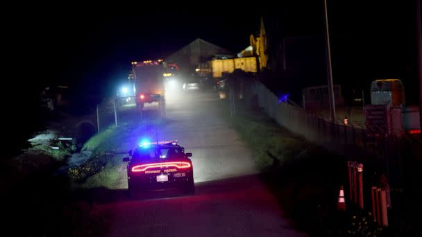 PHOTO: A Highway Patrol car is seen at the scene of a shooting at Cabrillo Highway in Half Moon Bay, Calif., Jan. 23, 2023. (Susana Bates/AFP via Getty Images)