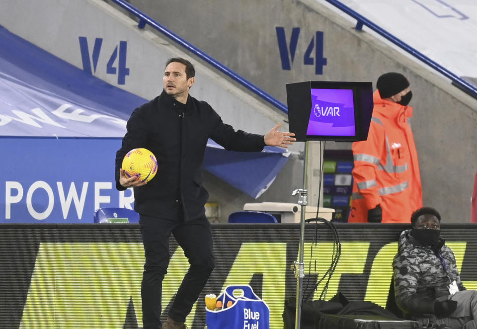 Chelsea's head coach Frank Lampard waits for the VAR system to be reviewed by the referee during the English Premier League soccer match between Leicester City and Chelsea at the King Power Stadium in Leicester, England, Tuesday, Jan. 19, 2021 (Michael Regan/Pool via AP)