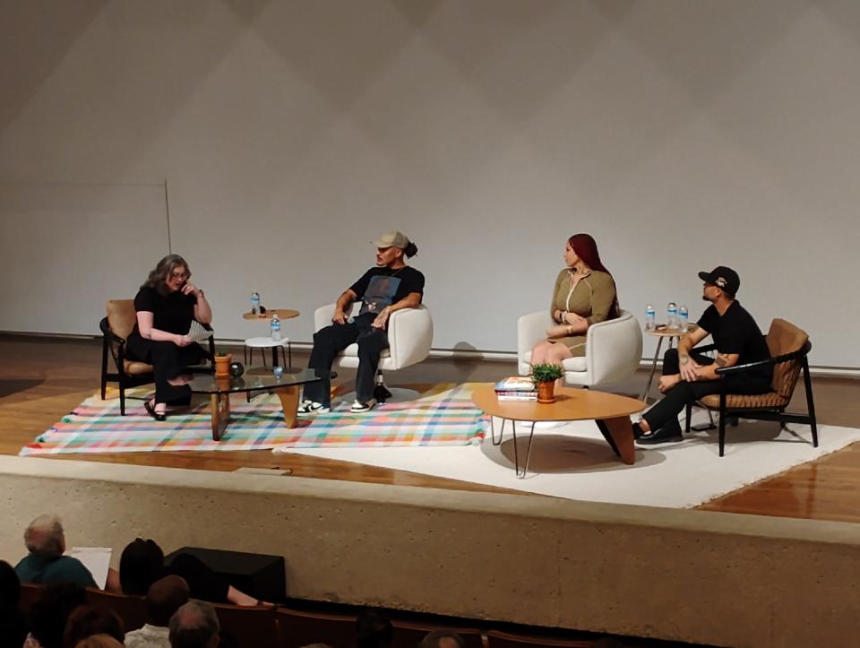 From left to right: Senior Curator at the Des Moines Art Center and host Laura Burkhalter, multidisciplinary artist b. Robert Moore, Pulitzer Prize winner and staff writer at The New York Times Magazine Nikole Hannah-Jones, and regenerative land sculptor and activist Jordan Weber speak during a panel July 28, 2024, at the Des Moines Art Center.