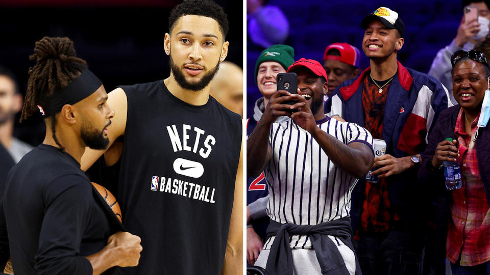 Ben Simmons was given a hostile reception from 76ers fans on his return to Philadelphia, but his Brooklyn Nets got the last laugh. Pictures: Getty Images