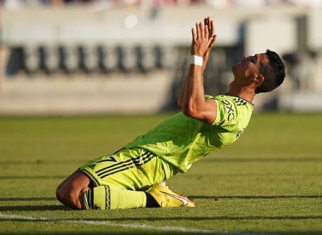 Cristiano Ronaldo reacts to a missed chance at Brentford