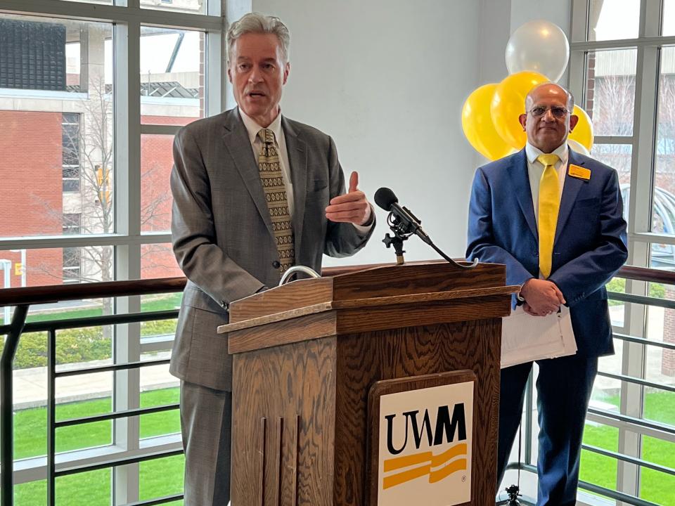 University of Wisconsin-Milwaukee Chancellor Mark Mone speaks at the ribbon-cutting ceremony for the Lubar Career Center on May 6.