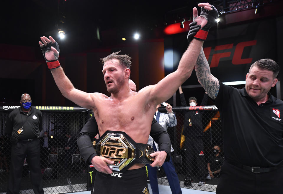 LAS VEGAS, NEVADA - AUGUST 15: Stipe Miocic celebrates after his victory over Daniel Cormier in their UFC heavyweight championship bout during the UFC 252 event at UFC APEX on August 15, 2020 in Las Vegas, Nevada. (Photo by Jeff Bottari/Zuffa LLC)