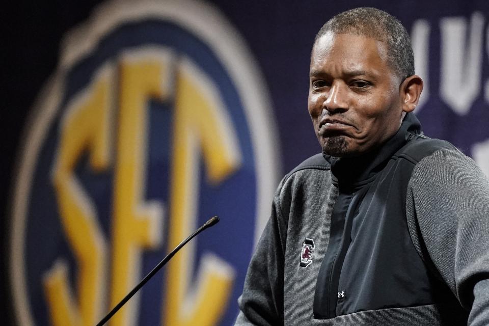 South Carolina NCAA college basketball head coach Lamont Paris speaks during Southeastern Conference Media Days, Wednesday, Oct. 18, 2023, in Birmingham, Ala. (AP Photo/Mike Stewart)