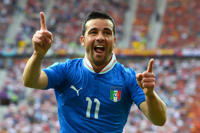 GDANSK, POLAND - JUNE 10: Antonio Di Natale of Italy celebrates scoring their first goal during the UEFA EURO 2012 group C match between Spain and Italy at The Municipal Stadium on June 10, 2012 in Gdansk, Poland. (Photo by Shaun Botterill/Getty Images)