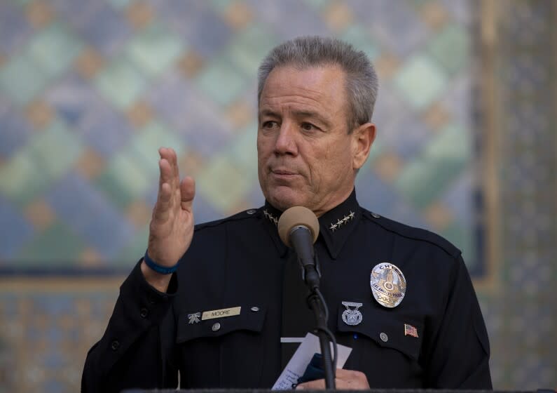 LOS ANGELES, CA - NOVEMBER 30, 2021: Los Angeles Police Chief Michel Moore speaks during a press conference announcing the ban on ghost guns at City Hall on November 30, 20201 in Los Angeles, California. (Gina Ferazzi / Los Angeles Times)