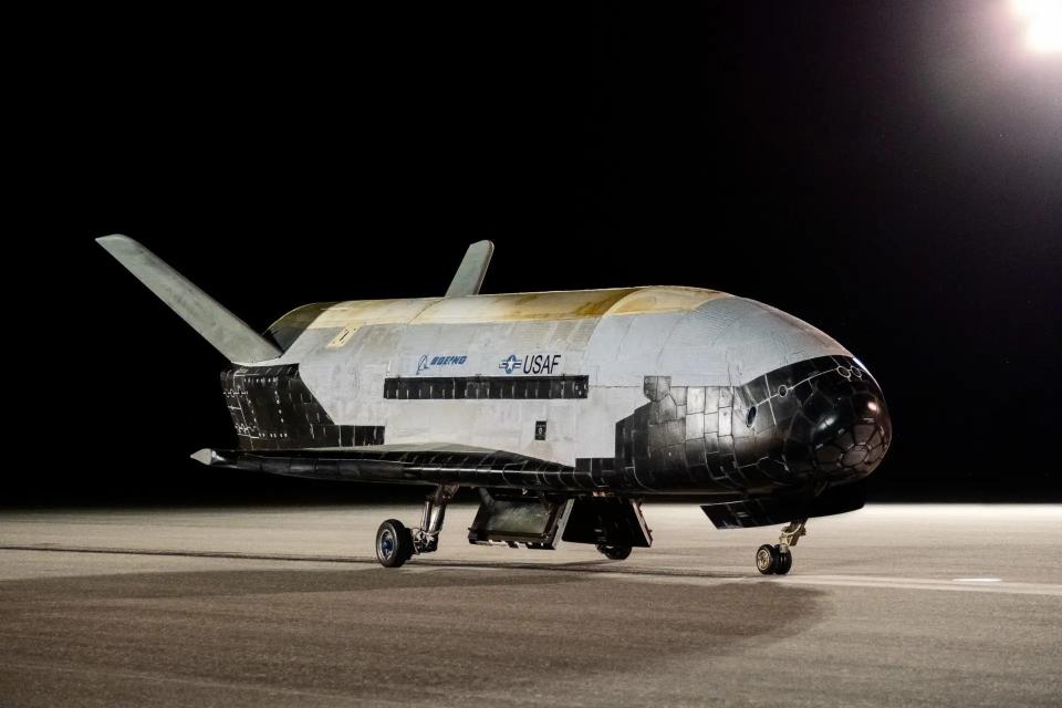 The X-37B used on the OTV-6 mission on the flight line at the Kennedy Space Center after its return to Earth on November 12, 2022. <em>USAF</em>