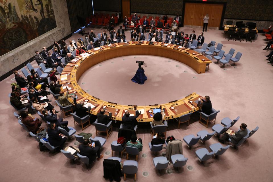 The United Nations Security Council votes on a draft resolution requesting a UN General Assembly emergency session on Ukraine at the UN headquarters in New York, on Feb. 27, 2022. The UN Security Council UNSC on Sunday adopted Resolution 2623 that calls for an "emergency special session" of the UN General Assembly to consider and recommend collective action on the Ukraine crisis.