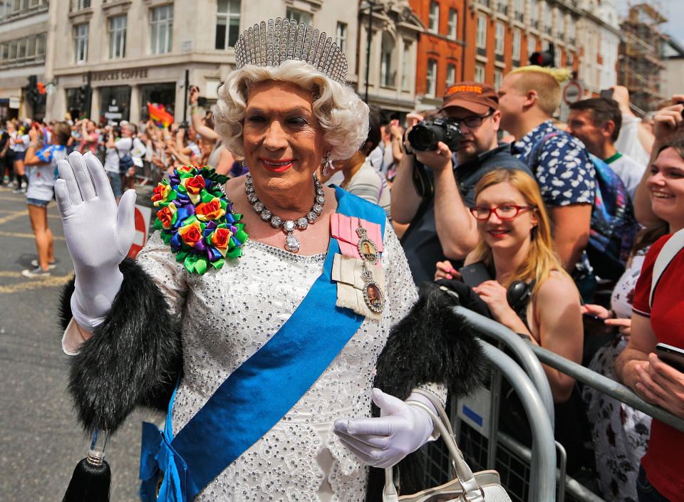 <p>A reveler dressed as the Queen enjoys the Pride London Parade in London, Saturday, July 8, 2017. (Photo: Frank Augstein/AP) </p>