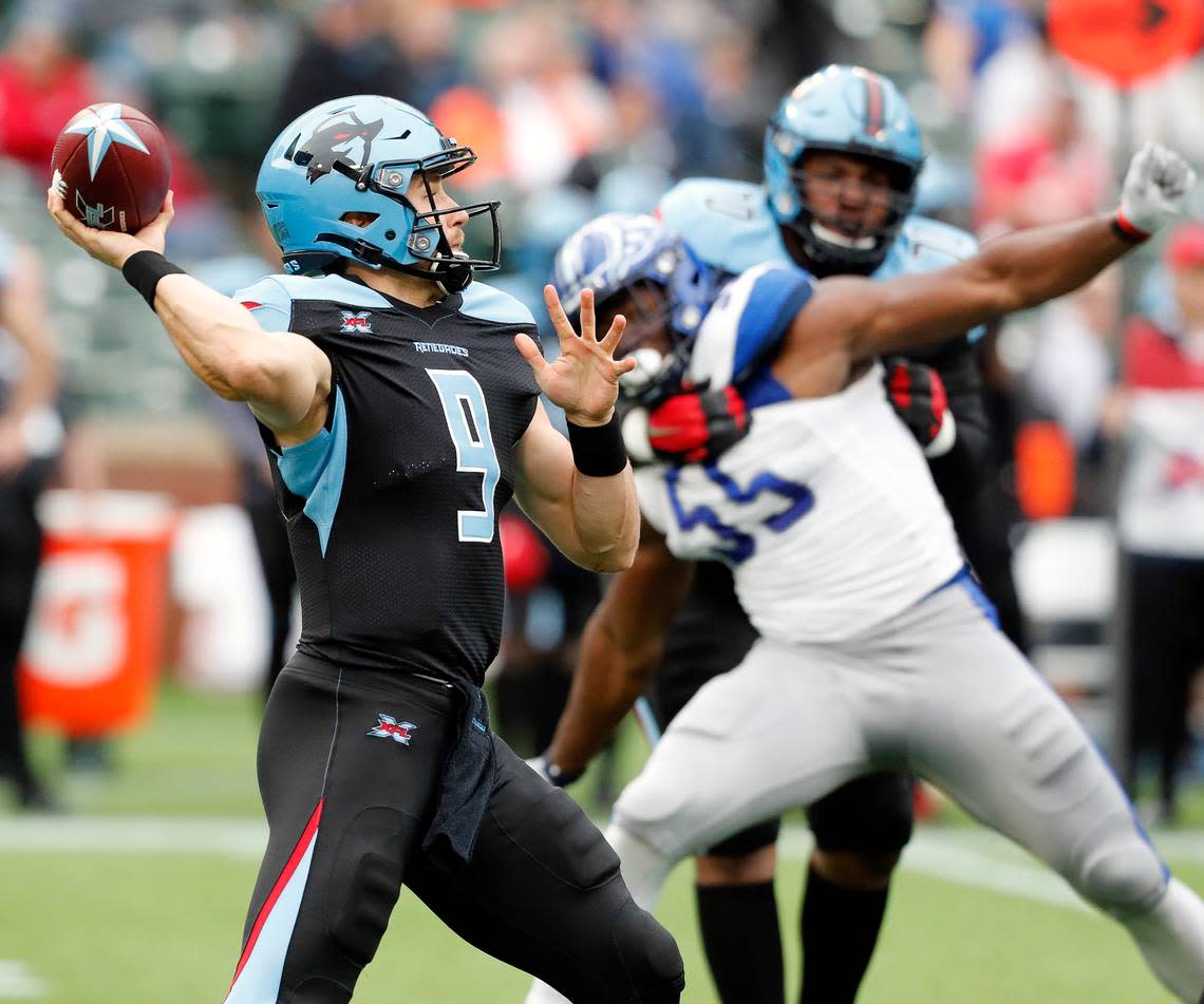 Dallas Renegades quarterback Philip Nelson throws a pass during a 2020 XFL game.