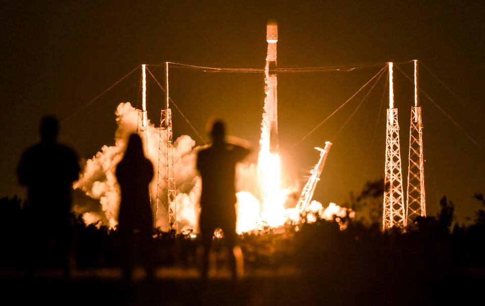 A SpaceX Falcon 9 rocket lifts off from Cape Canaveral Space Force Station, FL Monday, June 12, 2023. The rocket, carrying 53 Starlink satellites, lifted off at 3:10am EDT. 