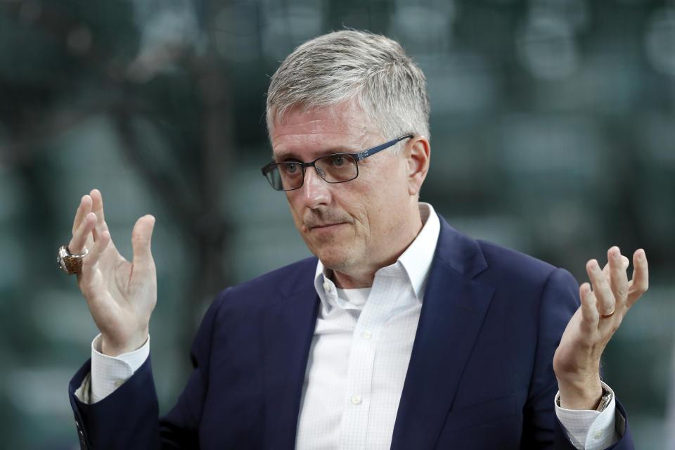 HOUSTON, TX - JUNE 11: General manager Jeff Luhnow of the Houston Astros reacts before the game against the Milwaukee Brewers at Minute Maid Park on June 11, 2019 in Houston, Texas. (Photo by Tim Warner/Getty Images)