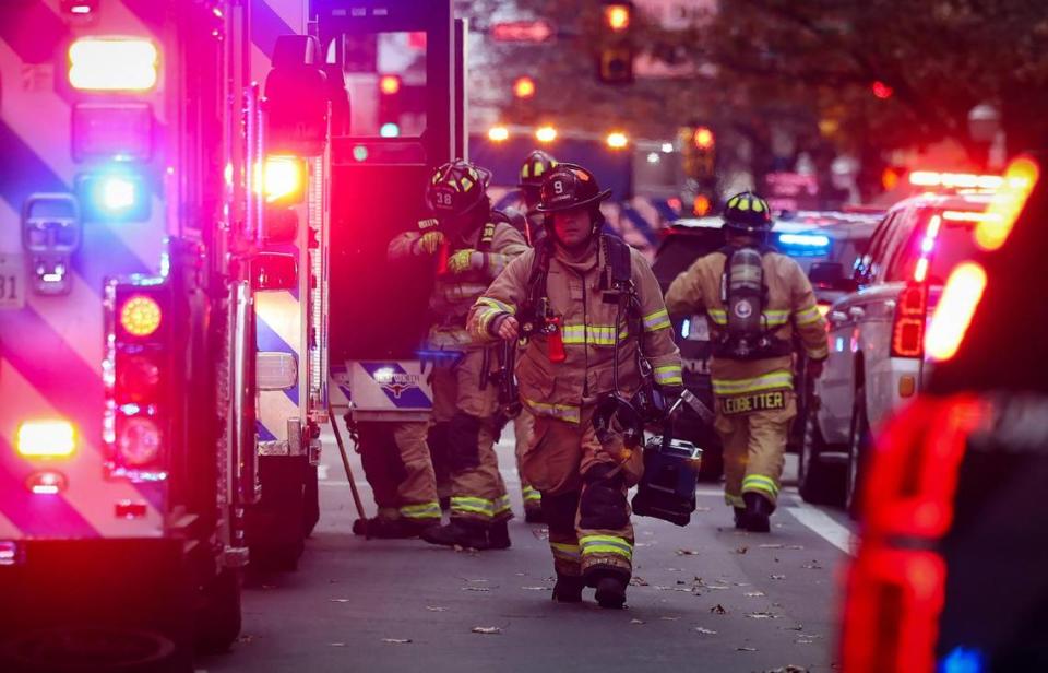 Fort Worth firefighters respond to an explosion at the Sandman Signature Hotel in downtown on Monday.