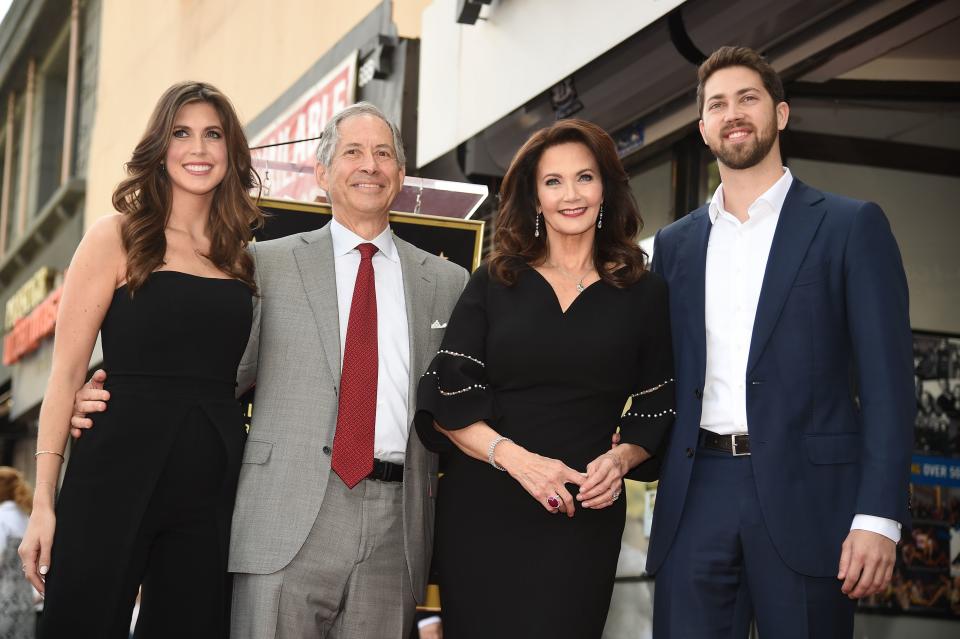 Carter with her husband and their children pose together on the sidewalk at the actress’s Hollywood Walk of Fame star ceremony in 2018. 