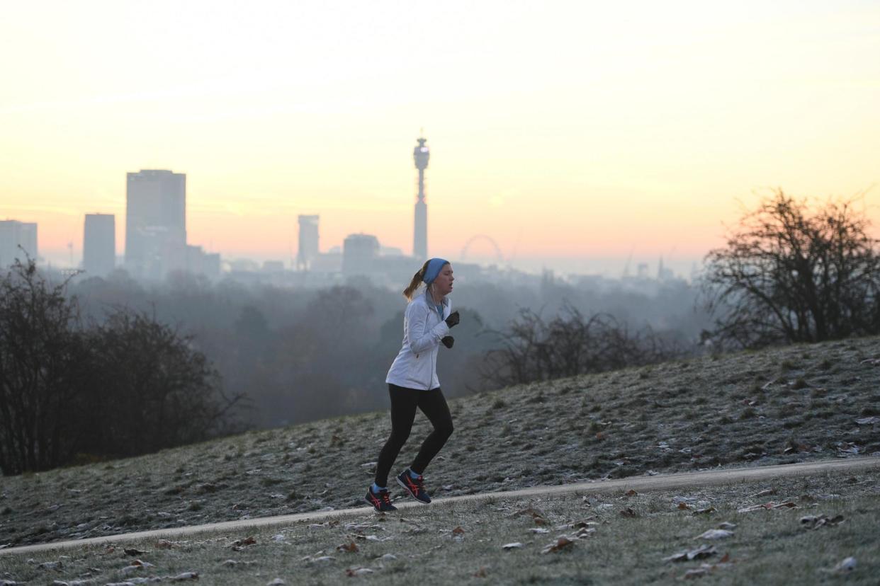 Frost: A jogger runs up Primrose Hill in freezing conditions: Jeremy Selwyn