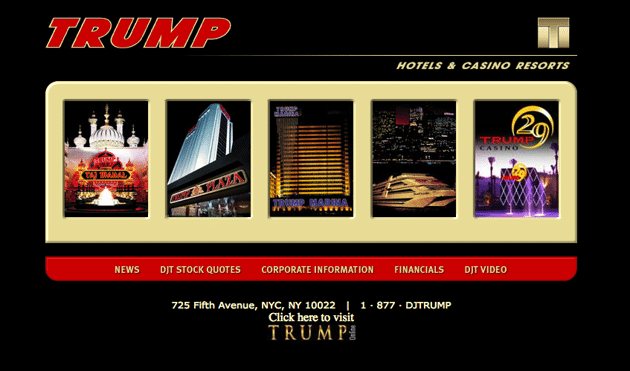 Here’s what DonaldTrump.com looked like in September 2002. (<a href="http://web.archive.org/web/20020925195112/http://trump.com/" rel="nofollow noopener" target="_blank" data-ylk="slk:Internet Archive;elm:context_link;itc:0;sec:content-canvas" class="link ">Internet Archive</a>)