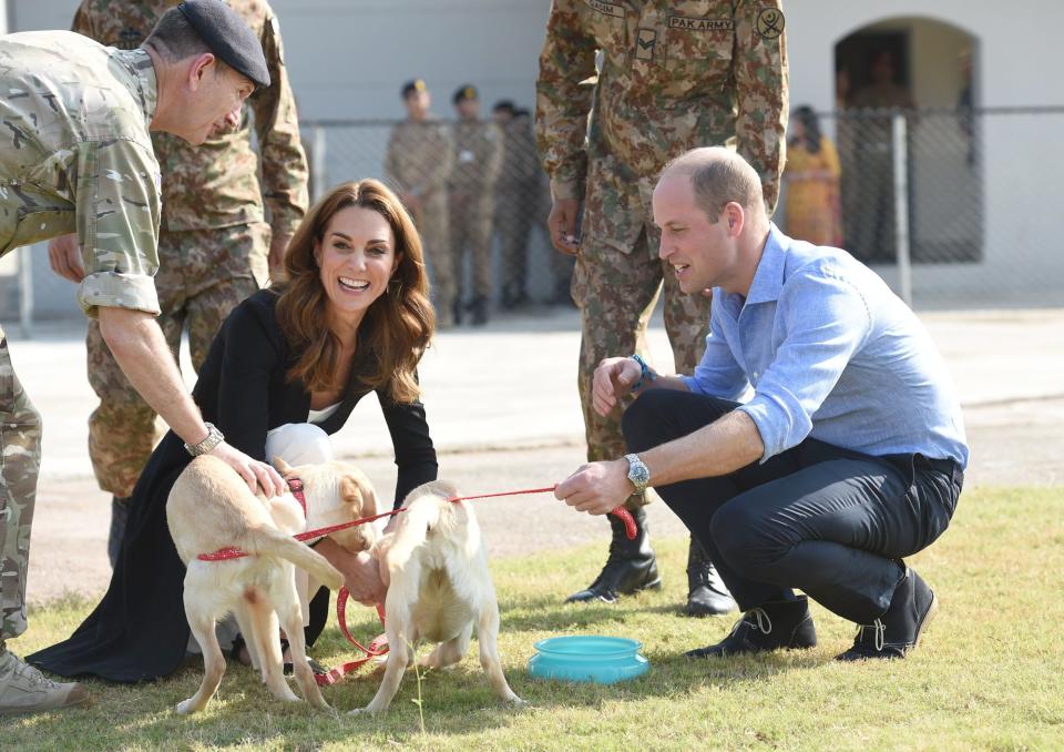 Prince William and Kate’s first outing after their "<a href="https://people.com/royals/kate-middleton-and-prince-william-return-to-islamabad-after-plane-hits-storm-in-pakistan/" rel="nofollow noopener" target="_blank" data-ylk="slk:bumpy adventure";elm:context_link;itc:0;sec:content-canvas" class="link ">bumpy adventure"</a> involved spending the afternoon alongside dog handlers as they trained the animals to locate explosive devices. The couple, whose Cocker Spaniel <a href="https://people.com/royals/why-kate-middleton-prince-william-got-dog-lupo-military-service/" rel="nofollow noopener" target="_blank" data-ylk="slk:Lupo;elm:context_link;itc:0;sec:content-canvas" class="link ">Lupo</a> was the first new member of their household before they welcomed their three children, enjoyed the chance to take yellow Labrador puppies called Sky and Salto out on an agility course.