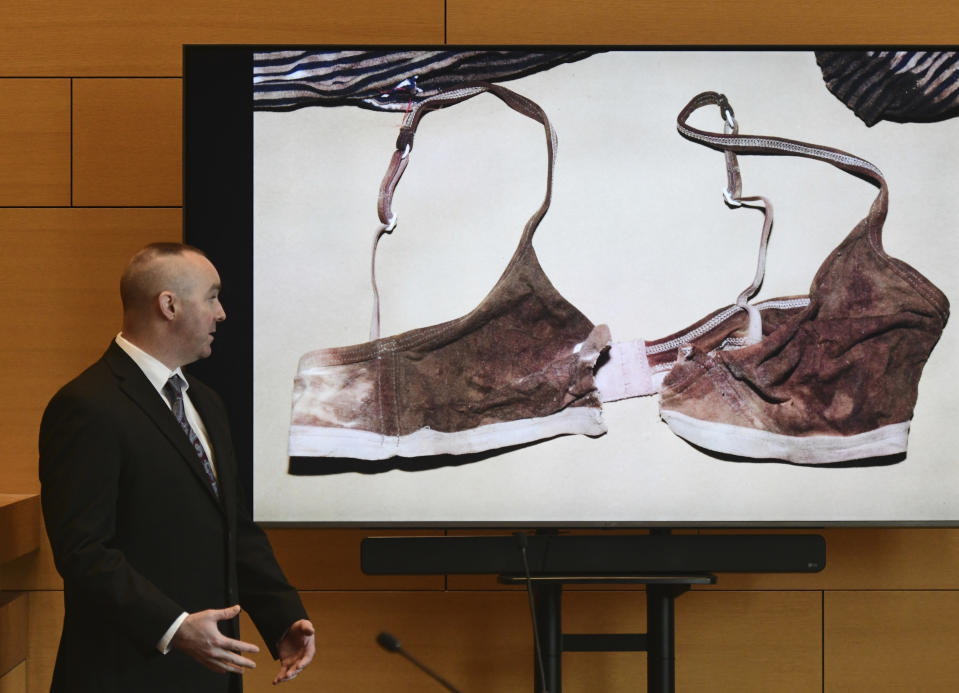 Connecticut State Police Sgt. Kevin Duggan shows a blood-like stain found on a bra seized from a trash can on Albany Avenue in Hartford on day eight of Michelle Troconis' criminal trial at Connecticut Superior Court in Stamford, Conn. Tuesday, Jan. 23, 2024. Troconis is on trial for charges related to the disappearance and death of New Canaan resident Jennifer Dulos. (Tyler Sizemore/Hearst Connecticut Media via AP, Pool)