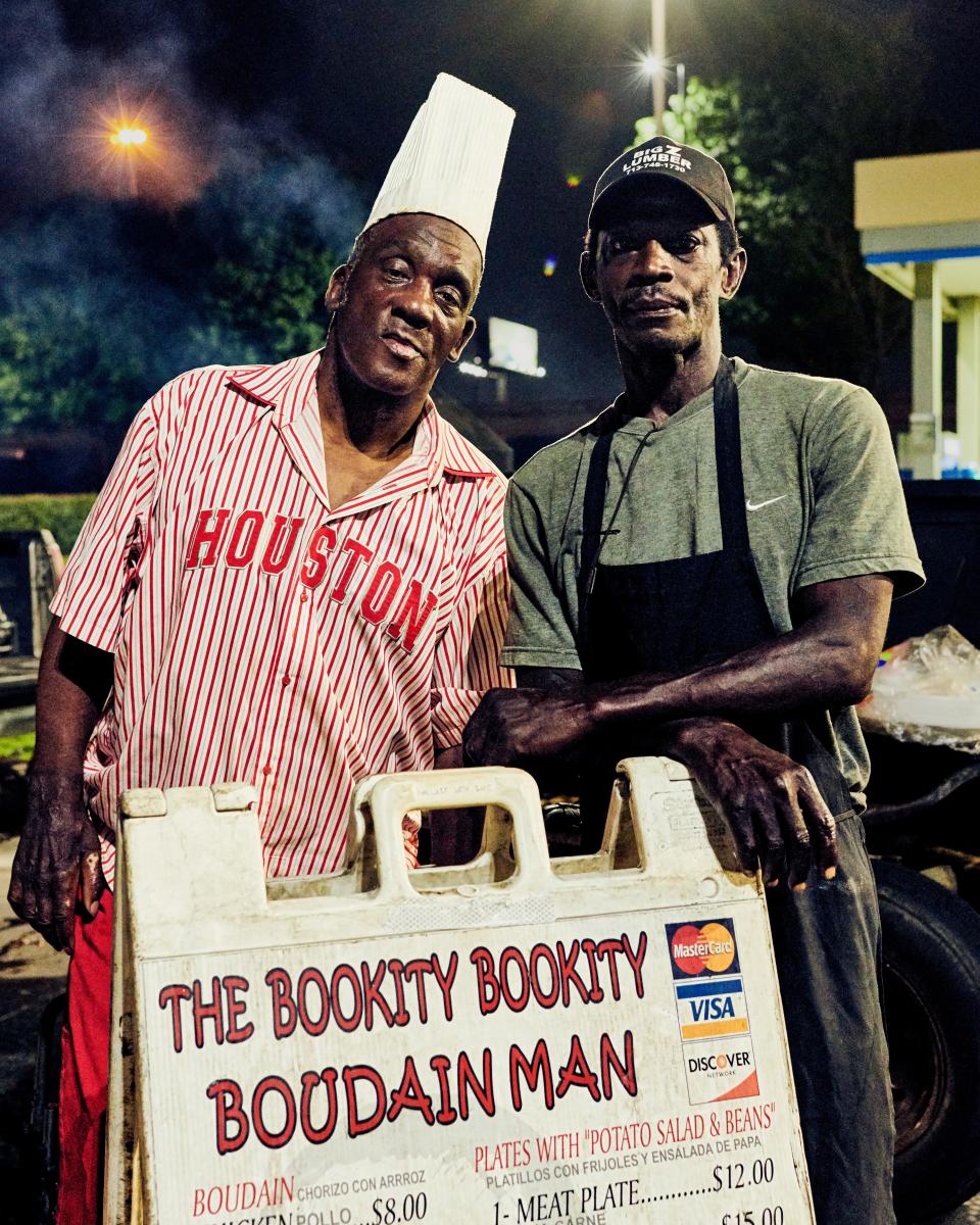 “Shade Tree” Barbecue
The Bookity Bookity Boudain Man is the king of Houston's pirate barbecuers, who set up shop anywhere–in his case, a Walmart parking lot.