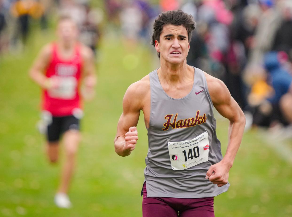 Ethan Zuber of Ankeny wins the 4A boys state cross country championship race in Fort Dodge, Friday, Oct. 27, 2023.