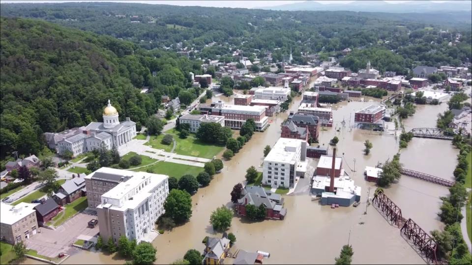 This image made from drone footage provided by the Vermont Agency of Agriculture, Food and Markets shows flooding in Montpelier, Vt., Tuesday, July 11, 2023