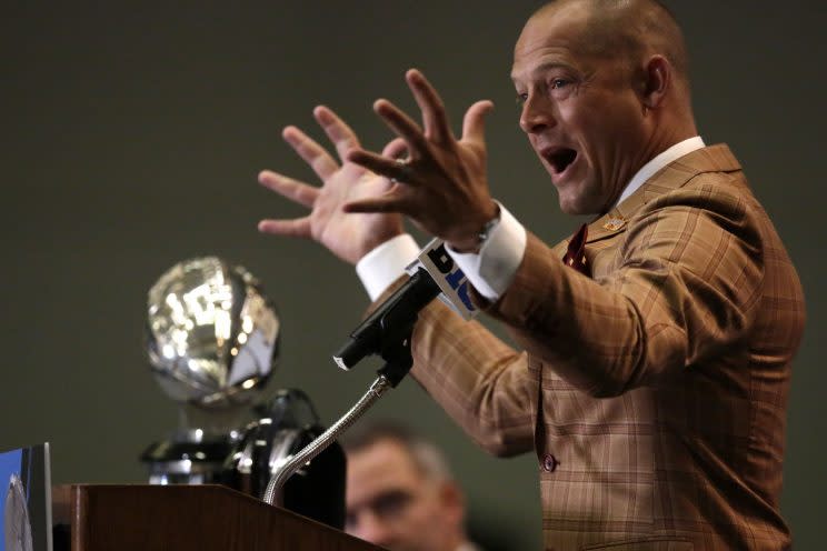 P.J. Fleck did not lack enthusiasm at his Big Ten Media Days debut. (AP)