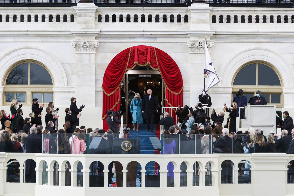 Dr. Jill Biden and President-elect Joe Biden arrive during the Inauguration Day ceremony. Source: AAP