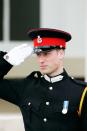 <p>Prince William in uniform as an officer cadet at the Sovereign's Parade, as he attended his brother Prince Harry's graduation from Sandhurst Military Academy.</p>